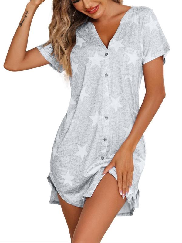 Women's Stars Print Button Front V Neck Nightdress, Casual Comfy Short Sleeve Nightgown for Daily Home Wear, Ladies Sleepwear for All Seasons