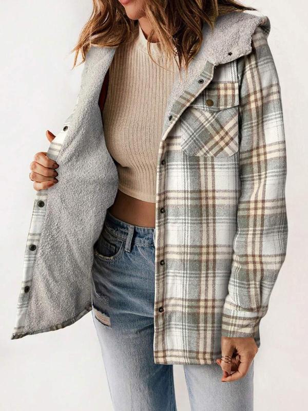 Women's Plaid Print Button Front Drop Shoulder Jacket, Casual Long Sleeve Collared Pocket Outerwear for Fall & Winter, Ladies Clothes for Daily Wear Coats