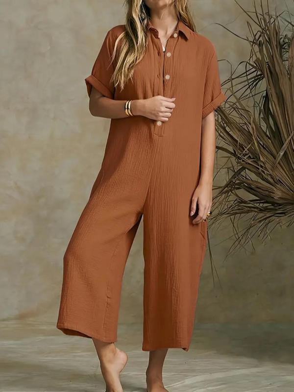 Women's Solid Half Button Wide Leg Jumpsuit, Casual Half Sleeve Collared Jumpsuit for Summer, Women's Jumpsuit for Daily Wear, Shortsleeve Womenswear