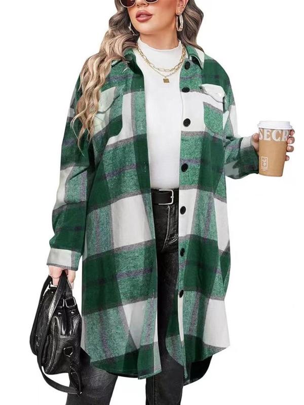  Tartan Print Button Front Flap Pocket Flannel Coat, Casual Curved Hem Drop Shoulder Collared Outerwear for Fall & Winter, Coats for Women, Women's Clothes for Daily Wear, Christmas Coats for Winter Women 2024