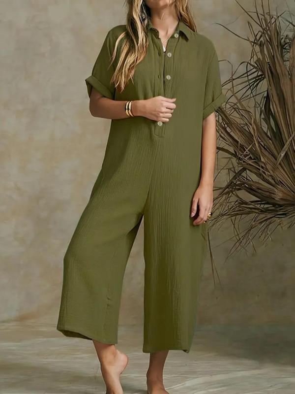 Women's Solid Half Button Wide Leg Jumpsuit, Casual Half Sleeve Collared Jumpsuit for Summer, Women's Jumpsuit for Daily Wear, Shortsleeve Womenswear