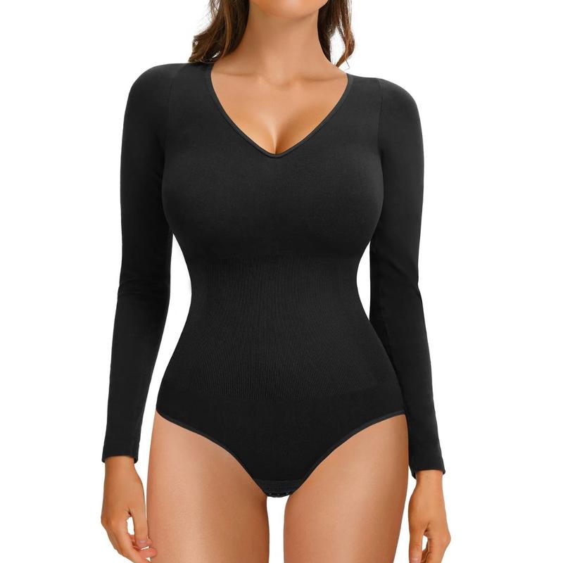 Nebility Long Sleeves V Neck Bodycon Black Basic Tops