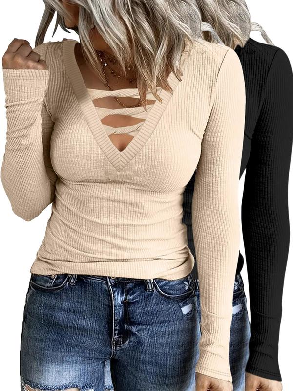 Women's  Plain Twist Cut Out V Neck Tee, Casual Long Sleeve Ribbed T-shirt for Summer, Ladies Clothes for Daily Wear