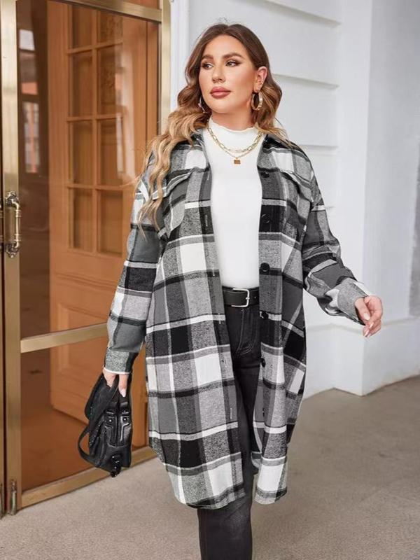  Tartan Print Button Front Flap Pocket Flannel Coat, Casual Curved Hem Drop Shoulder Collared Outerwear for Fall & Winter, Coats for Women, Women's Clothes for Daily Wear, Christmas Coats for Winter Women 2024