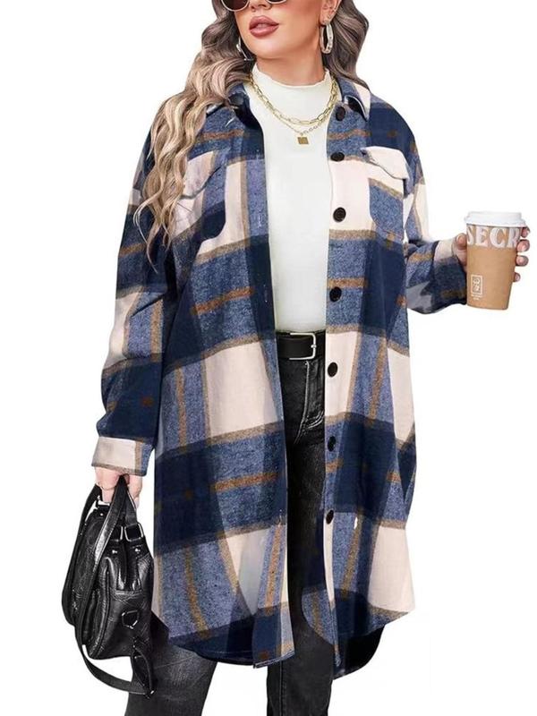  Tartan Print Button Front Flap Pocket Flannel Coat, Casual Curved Hem Drop Shoulder Collared Outerwear for Fall & Winter, Coats for Women, Women's Clothes for Daily Wear, Christmas Coats for Winter Women 2024