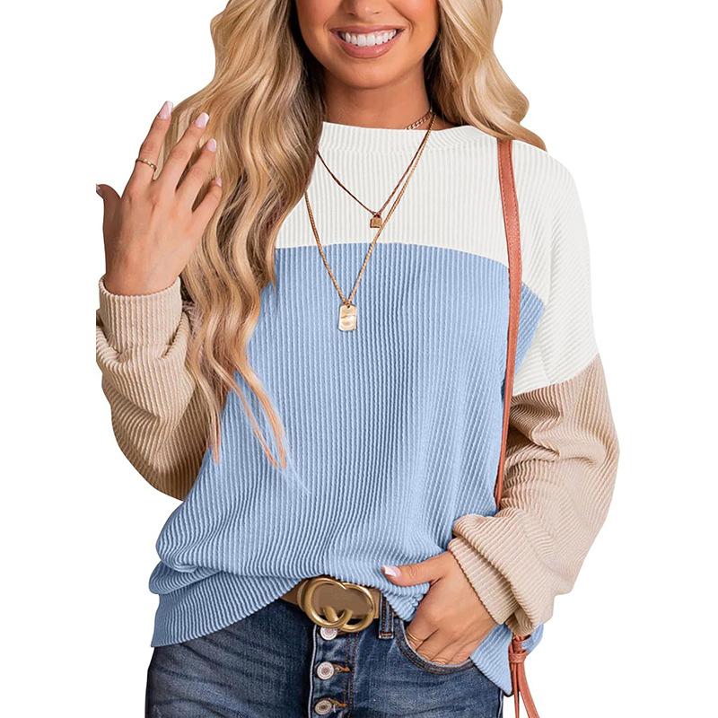 Womens Fashion Color Block Long Sleeve Crewneck Knitted Casual Loose Pullover Shirts Tops Spring Womenswear Denim Elastic