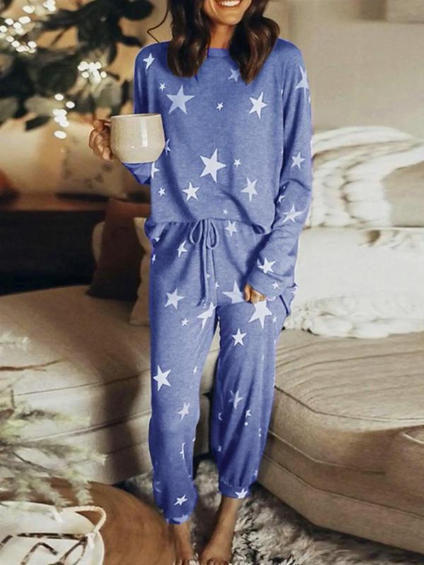 Women's Christmas Theme Star Print Raglan Sleeve Top & Tie Front Pants Loungewear Two-piece Set, Casual Comfy Round Neck Long Sleeve Top & Trousers Pj Set, Ladies Sleepwear for Fall & Winter