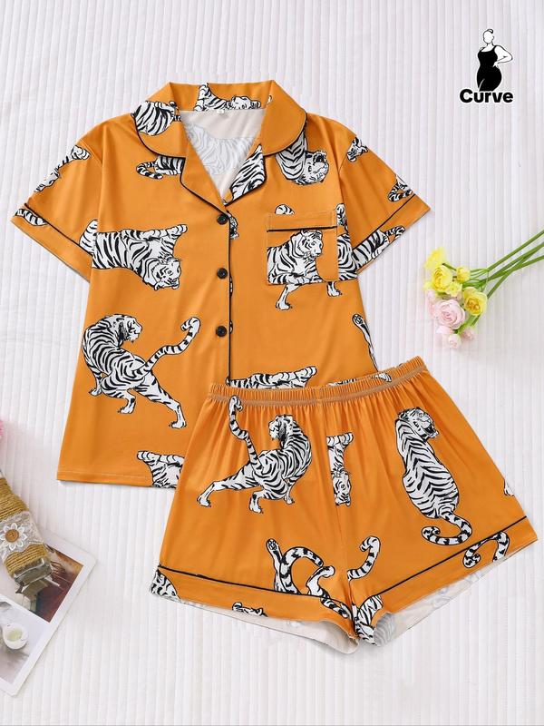 Plus Size Two-piece Set Animal Print Contrast Binding Lapel Sleep Shirt & Shorts Pyjama Set, Pajama Sets Women, Plus Casual Button Front Short Sleeve Top & Shorts Pj Set, Back To School Wear, Lounge Set, Women's Fall Plus Sleepwear