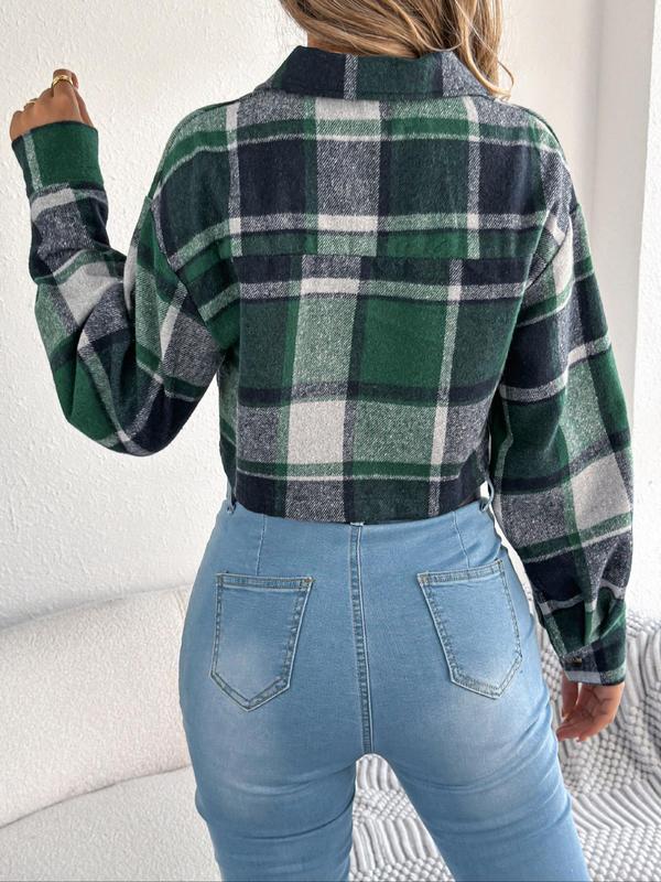 Women's Plaid Print Button Front Drop Shoulder Crop Jacket, Casual Long Sleeve Pocket Collared Outerwear for Fall & Winter, Ladies Clothes for Daily Wear