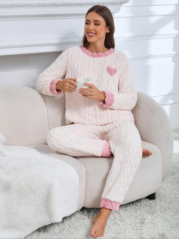 Two-piece Set Women's Heart Embroidery Drop Shoulder Pajama, Casual Comfy Long Sleeve Top & Pants Pj Set, Women's Sleepwear for Fall & Winter