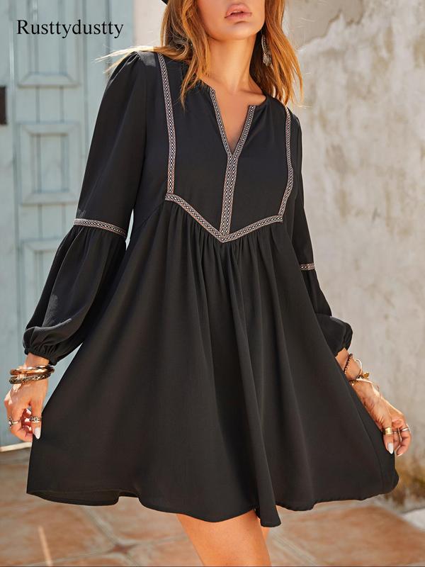 Women's Geometric Embroidery Smock Dress, Boho Bishop Sleeve Notched Neck Short Dress for Beach Vacation Holiday, Ladies Casual Wear Clothes for All Seasons