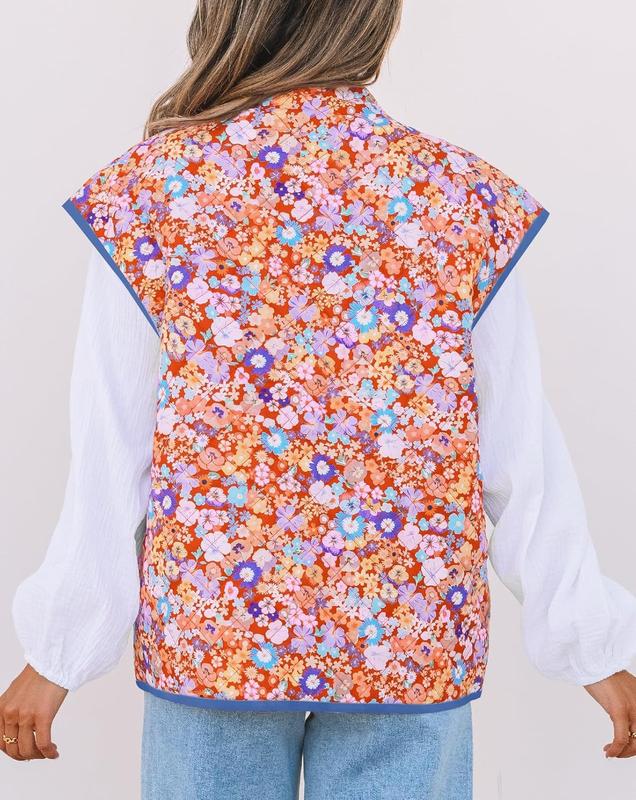 MEROKEETY Cap Sleeve Quilted Vest Floral Print Lightweight Sleeveless Open Front Cardigan Outwear