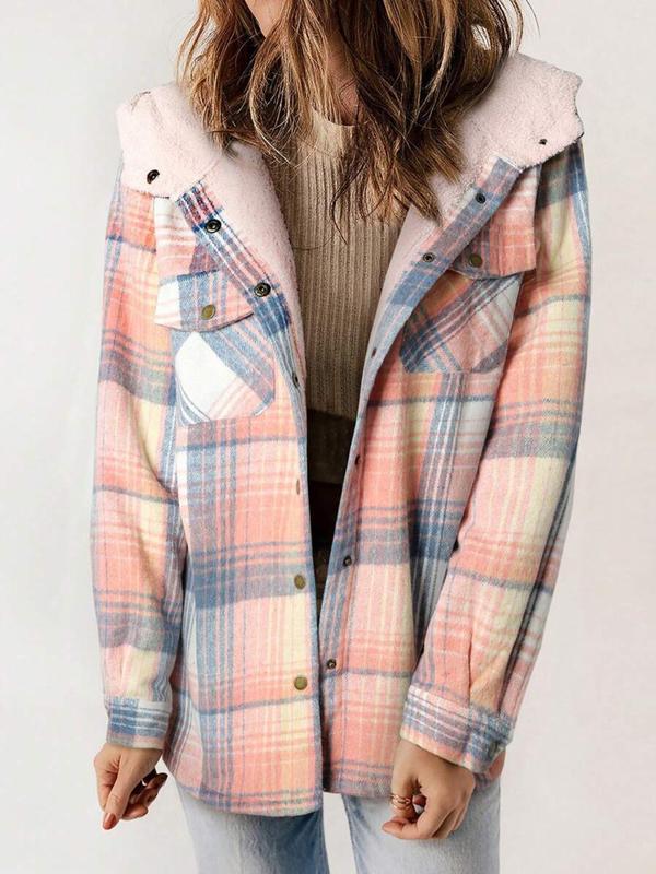 Women's Plaid Print Button Front Drop Shoulder Jacket, Casual Long Sleeve Collared Pocket Outerwear for Fall & Winter, Ladies Clothes for Daily Wear Coats