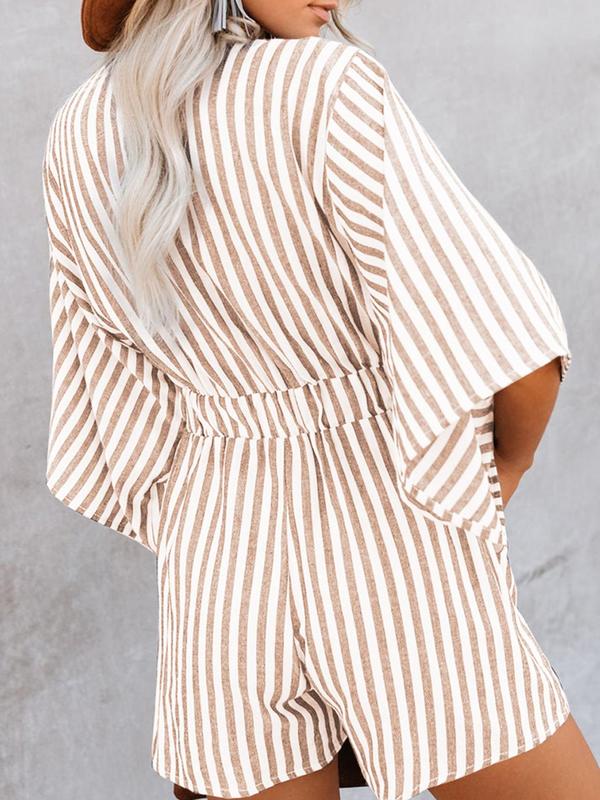 Women's Striped Print Knot Front Romper, Casual Batwing Sleeve Pocket Jumpsuit, Ladies Clothes for Summer Daily Wear Back to School