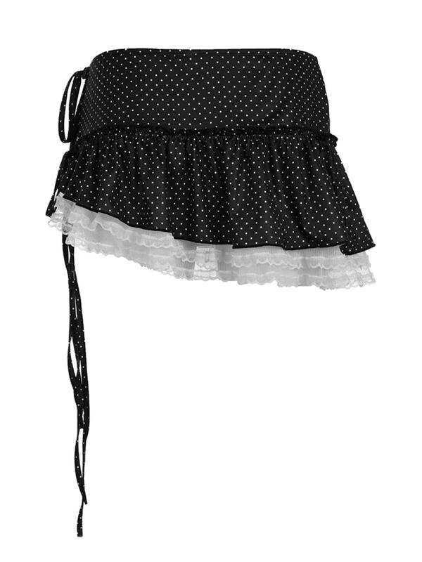 Women's Polka Dot Print Contrast Lace Tie Front A Line Skirt, Asymmetrical Hem Mini Skirt for Summer, Fashion Women's Skirt for Beach Holiday