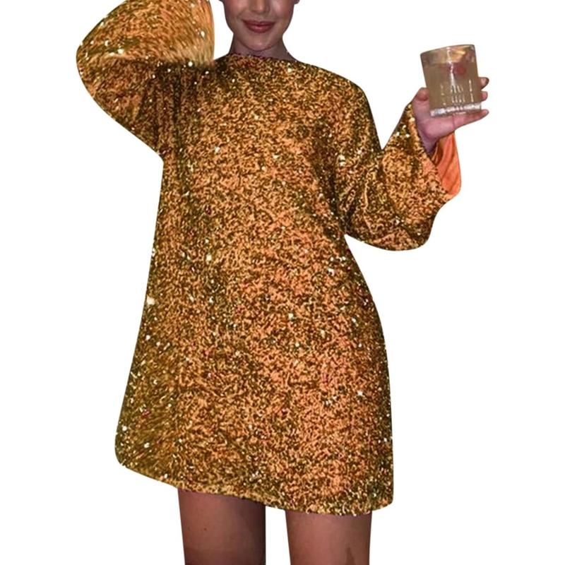 Women's Round Neck Long Sleeve Shiny Sequin Dress Loose Plus Size Sexy Sequin Short Dress  Backless Bowknot Sexy Cute Party Dress, S-3XL