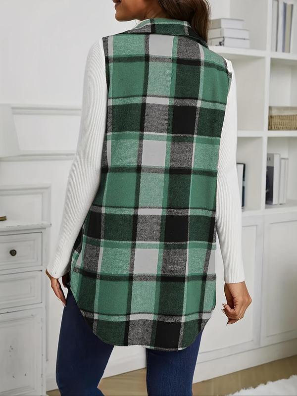 Women's Plaid Print Button Front Vest Coat, Casual Pocket Design Collared Waistcoat for Fall, Fall Outfits, Fashion Women's Clothing for Daily Wear, Fall Outfits, Fallfreshness for Birthday Gifts