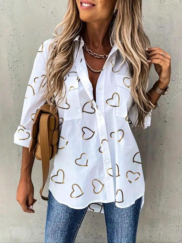 Women's Plain Button Front Pocket Shirt, Casual Drop Shoulder Long Sleeve Blouse Top for Spring & Fall, Women's Clothing for Daily Wear