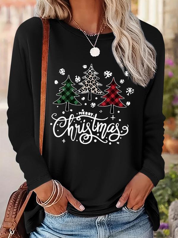 Women's Christmas Tree & Letter Print Drop Shoulder Tee, Casual Long Sleeve Round Neck Pullover for Daily Wear, Ladies Fall & Winter Clothes