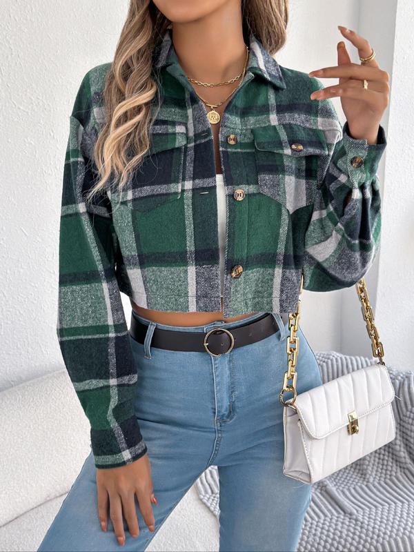 Women's Plaid Print Button Front Drop Shoulder Crop Jacket, Casual Long Sleeve Pocket Collared Outerwear for Fall & Winter, Ladies Clothes for Daily Wear