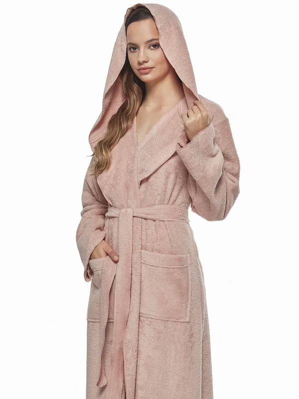 Cotton Terry Hooded Long Bathrobe S M L XL, Belt Fabric Womenswear Gowns Nightwear Sleeves Style Women