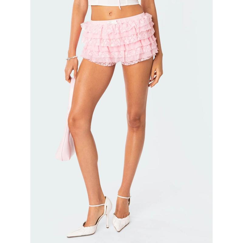 Women’s Layered Ruffle Shorts Casual Elastic Waist Bow Front Solid Color Lace Shorts Going Out Pants Fabric Spring