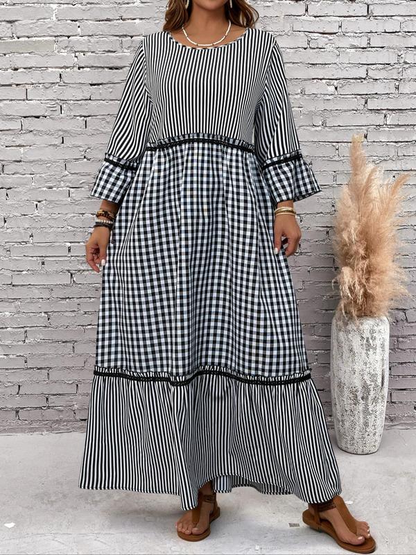  Women's Plaid & Striped Print Frill Trim Flounce Sleeve Dress, Elegant Long Sleeve Round Neck A Line Dress for Daily Outdoor Wear, Women's Clothing for All Seasons Moo Moo Dresses