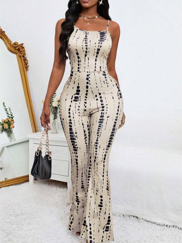 Women's All Over Print Scoop Neck Cami Jumpsuit, Casual Adjustable Strap Flare Leg Jumpsuit for Summer, Women's Clothing for Daily Wear