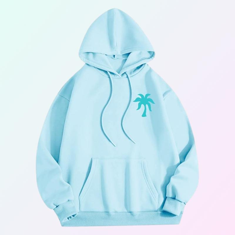 Womens Pink Palm Puff Hawaiian Hibiscus Aquamarine Hoodie with Pockets Lightweight Hooded Sweatshirt Warm Street Print Hoodie Cute Hoodie Hip Hoodie Teen Girls Y2k Hoodie