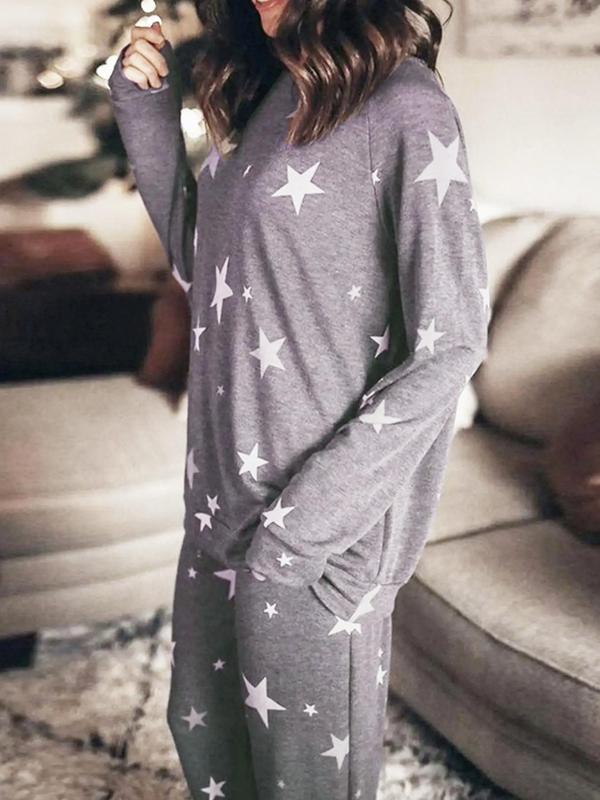 Women's Christmas Theme Star Print Raglan Sleeve Top & Tie Front Pants Loungewear Two-piece Set, Casual Comfy Round Neck Long Sleeve Top & Trousers Pj Set, Ladies Sleepwear for Fall & Winter