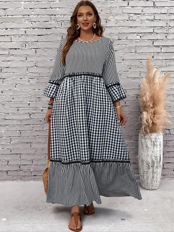  Women's Plaid & Striped Print Frill Trim Flounce Sleeve Dress, Elegant Long Sleeve Round Neck A Line Dress for Daily Outdoor Wear, Women's Clothing for All Seasons Moo Moo Dresses