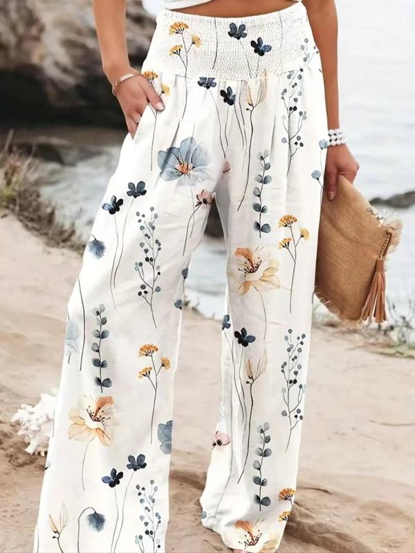 Women's Comfort Floral Print Pocket Shirred Waist Wide Leg Pants, Boho Casual High Waist Trousers for Beach Vacation Holiday, Ladies Bottoms Womenswear  for All Seasons