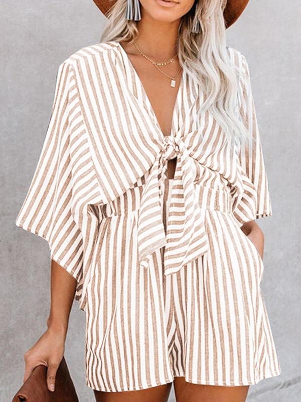 Women's Striped Print Knot Front Romper, Casual Batwing Sleeve Pocket Jumpsuit, Ladies Clothes for Summer Daily Wear Back to School