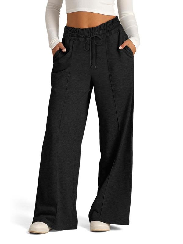 Women's Solid Drawstring Waist Wide Leg Sweatpants, Casual Pocket Trousers for Fall & Winter, Women's Bottoms for Daily Wear