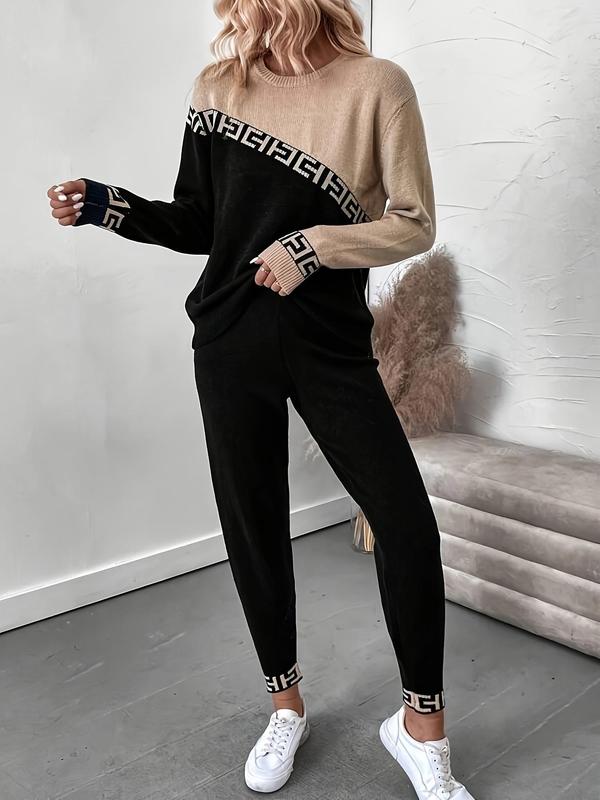 Two-piece Set Women's Colorblock Tape Sweater & Pants Set, Casual Drop Shoulder Long Sleeve Jumper & Trousers, Ladies Two-piece Outfits for Fall & Winter