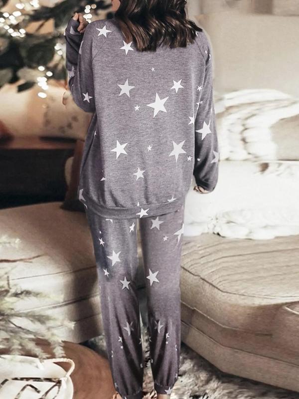 Women's Christmas Theme Star Print Raglan Sleeve Top & Tie Front Pants Loungewear Two-piece Set, Casual Comfy Round Neck Long Sleeve Top & Trousers Pj Set, Ladies Sleepwear for Fall & Winter