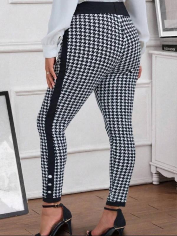  Houndstooth Print Side Stripe Button Leggings, Casual Comfy Skinny Pants for Daily Wear, Women's Bottoms for Spring & Fall