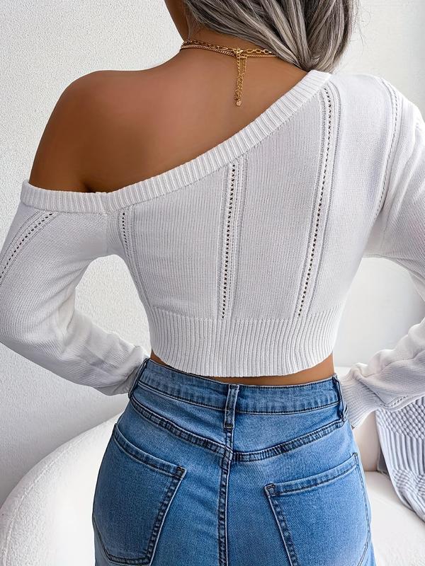 Women's Plain Hollow Out One Shoulder Crop Sweater, Casual Long Sleeve Asymmetrical Neck Cropped Jumper for Spring & Fall, Sweaters for Women, Fashion Women's Knitwear for Daily Wear