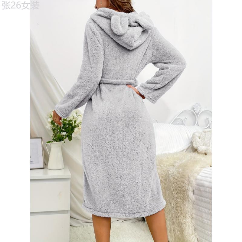 Solid Fuzzy Hooded Night Robe, Cute Long Sleeve Robe With Pockets & Belt, Women's Sleepwear