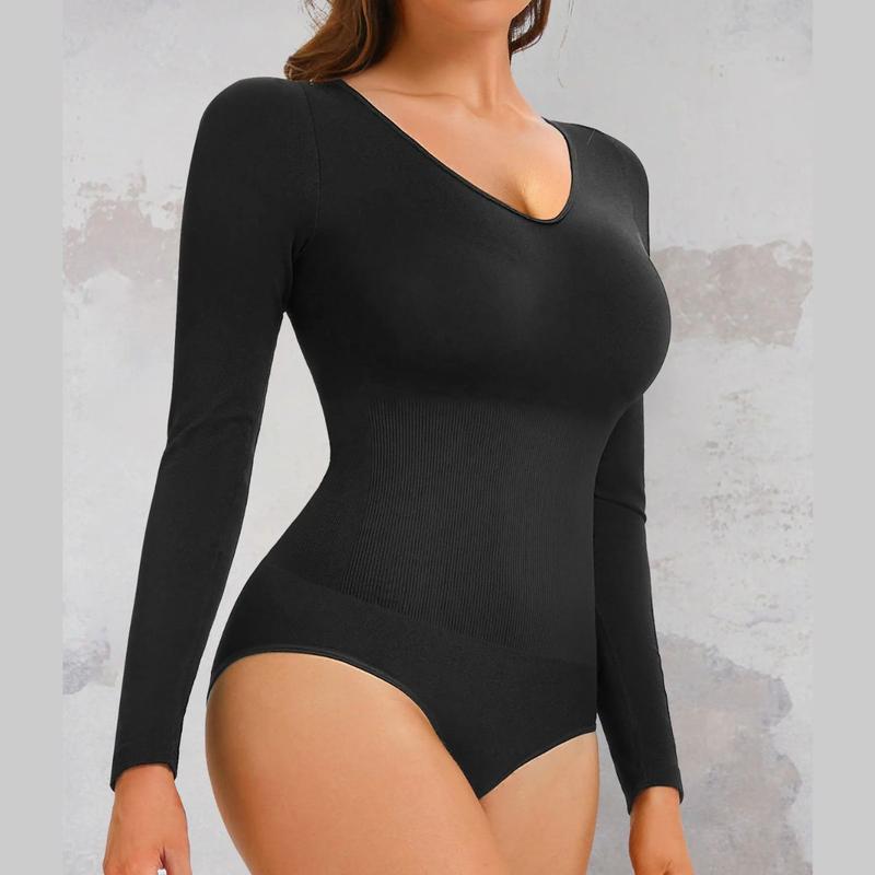 Nebility Long Sleeves V Neck Bodycon Black Basic Tops