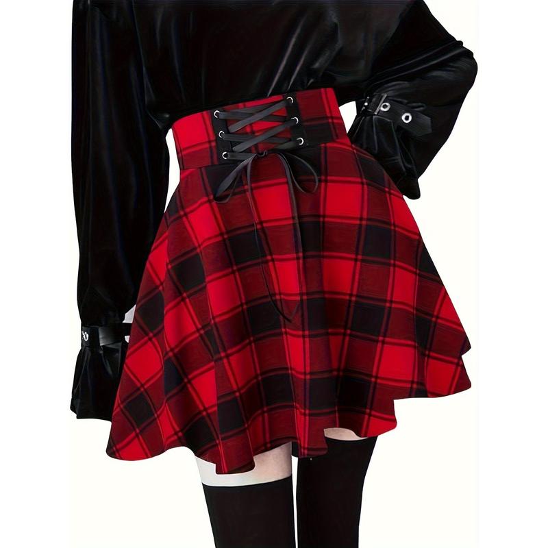 Plaid Lace-Up High-Waisted Swing Mini Skirt for Women