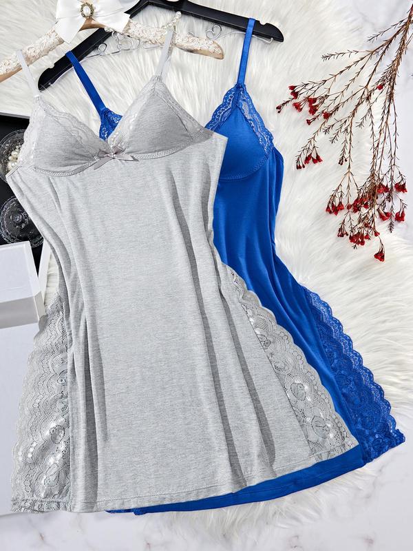 Women's Contrast Lace Bow Decor Cami Nightdress, Adjustable Spaghetti Strap Split Hem Nightgown, Soft Comfortable Sleepwear for Women