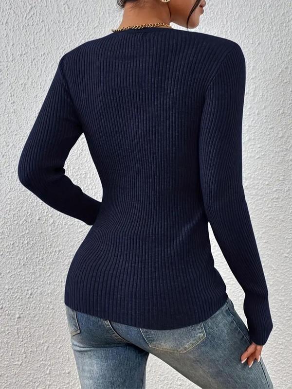 Women's Plain Button Front Ribbed Sweater, Elegant Long Sleeve Round Neck Jumper for Fall & Winter, Fashion Ladies' Knitwear for Daily Wear, Fall Sweaters, Sweater for Women