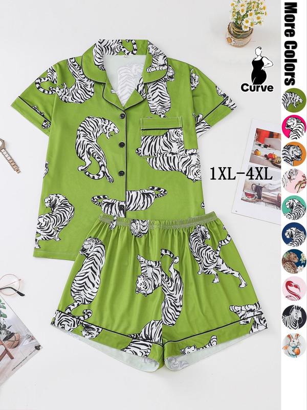 Plus Size Two-piece Set Animal Print Contrast Binding Lapel Sleep Shirt & Shorts Pyjama Set, Pajama Sets Women, Plus Casual Button Front Short Sleeve Top & Shorts Pj Set, Back To School Wear, Lounge Set, Women's Fall Plus Sleepwear