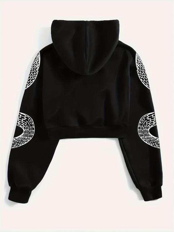 Women's Snake & Letter Print Drop Shoulder Crop Hoodie, Hoodies for Women, Comfort Women Clothing,  Graphic Hoodie,  Casual Long Sleeve Hooded Sweatshirt for Fall & Winter, Fashion Ladies' Clothes for Daily Wear