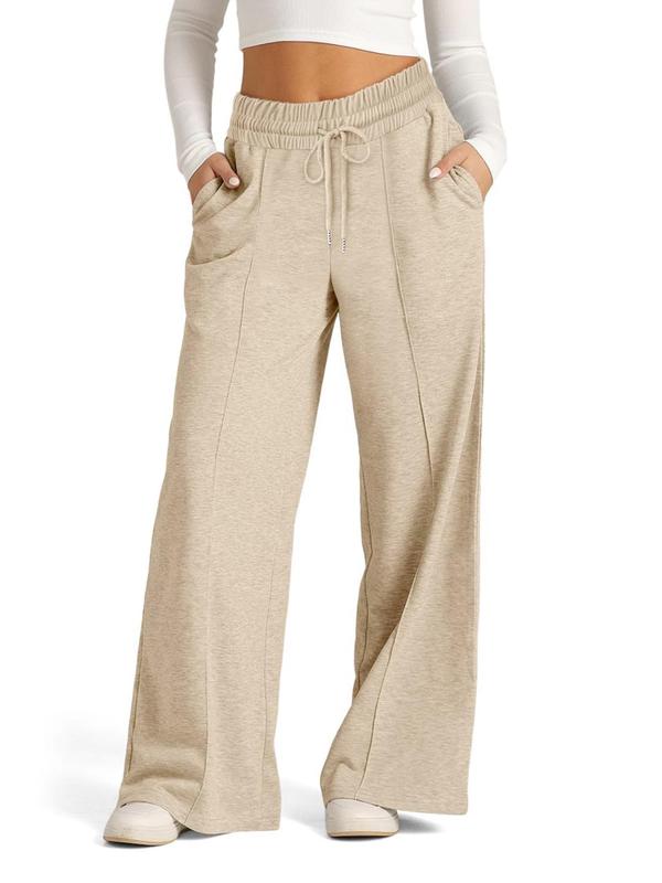 Women's Solid Drawstring Waist Wide Leg Sweatpants, Casual Pocket Trousers for Fall & Winter, Women's Bottoms for Daily Wear