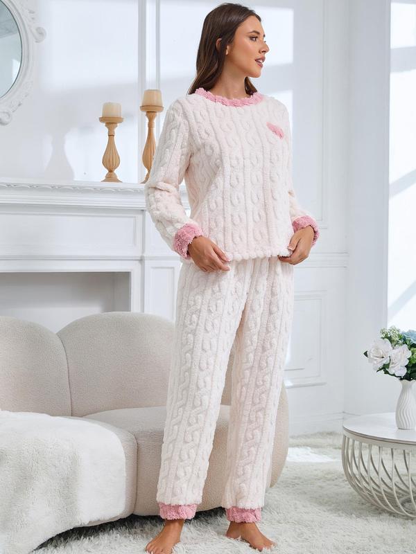 Two-piece Set Women's Heart Embroidery Drop Shoulder Pajama, Casual Comfy Long Sleeve Top & Pants Pj Set, Women's Sleepwear for Fall & Winter