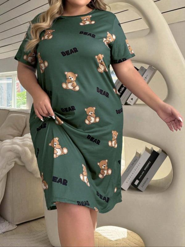 Plus Size Cartoon Bear & Letter Print Drop Shoulder Nightdress, Casual Soft Comfortable Round Neck Short Sleeve Nightgown For Women, Women's Sleepwear For All Seasons