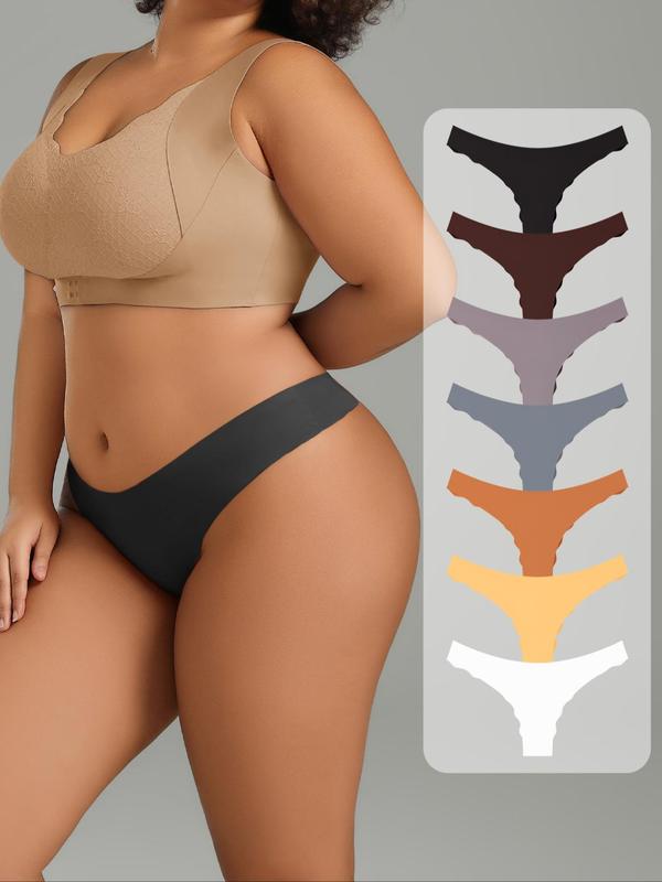  Solid Color Scallop Trim Thong, Soft Comfy Breathable Seamless Panty for Daily Wear, Women's Underwear for All Seasons