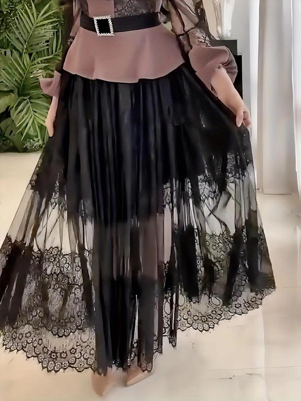 Plus Size Contrast Lace Sheer Tulle A Line Skirt, Elegant Fashion High Waist Long Skirt for Party Dating Outdoor Wear, Girls Skirt, Women Plus Clothing for Spring & Fall